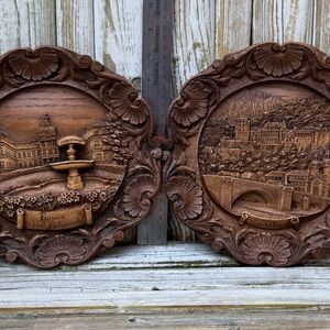 Two Vintage Wood Hand Carved Wall Plates: Heidelberg & Schloss Philippsruhe
